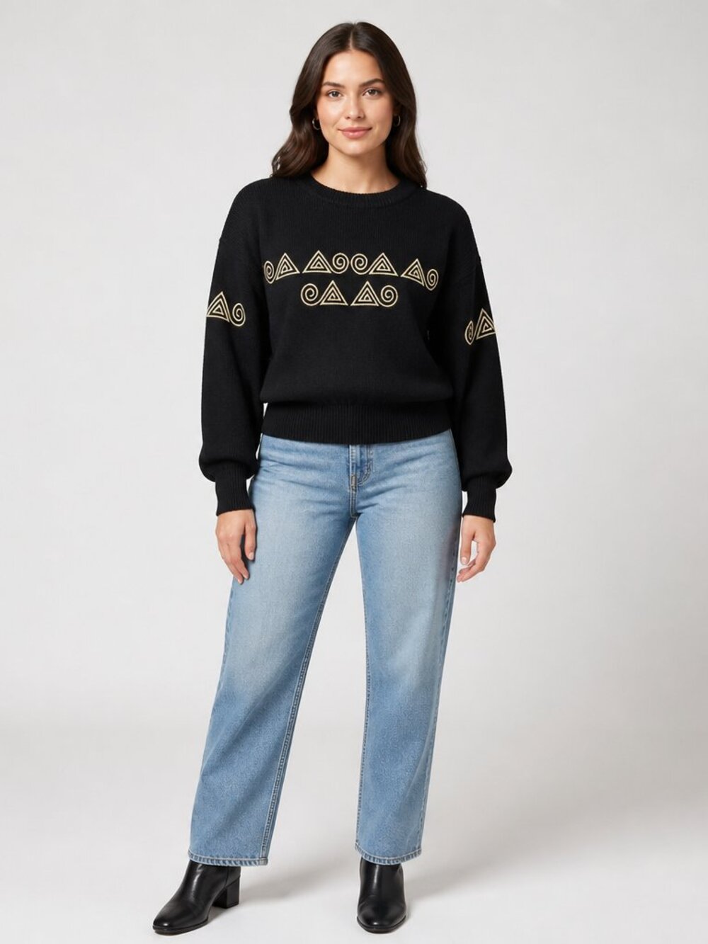 Vintage Meister Black Gold Knit Sweater Sz S  Quiet Luxury Retro Ski Lodge Wool